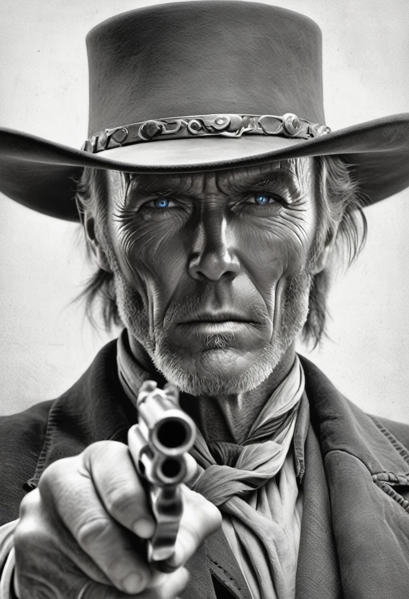 portrait, [:light Blue:15] eyes, Intricate lines, highly detailed, B&EM, monochrome, black and white, graphite, pencil painting, charcoal, (High contrast:1.1), An Old West gunslinger, with a determined look and a gun in his he. The image is inspired by the works of Clint Eastwood, such as "The Lone Gunman" and "The Good, the Bad and the Ugly". The gunslinger must have an air of mystery and danger, as if he were about to face a deadly duel. Colors must be vibrant and contrasting, like those of Alphonse Mucha. The details must be delicate and complex, like Mucha's. The strokes should be thick and almost erased, like street art prints. The lines that delimit shapes should privilege more gross and straight angles.