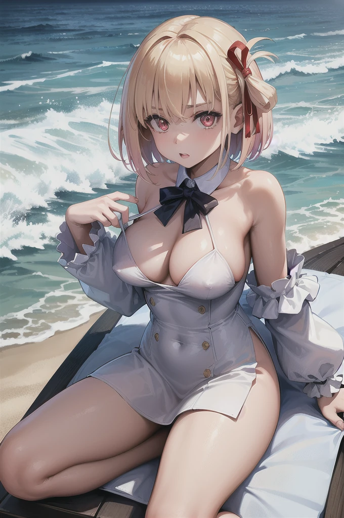 masterpiece, best quality, ultra-detailed, glistening shiny, glowing light, ray tracing, HDR, deph of field, (perfect face, detailed face, detailed eyes,perfect hands,perfect fingers),(medium boobs:1.2),8k,HD,ultra realistic face,ray tracing,perfect lighting,best quality, ultra-detailed, shiny eyes, (looking at viewer), ((1girl)), (mature female:1.4),cowboy shot,thicc,pov,
chisato,((gradient hair)),multicolored eyes, gradient eyes, (glowing eyes:1.5), mascara, (fashion make up), parted lips, short hair, ,ribbon, hair ribbon, red ribbon, bob cut,((rubbing_own_pussy,sitting)),
(( sand, beach towel, water)),(complex background, many elements in the background:1.2),((super detailed background)), mistress poses, ((8k wallpaper)), nsfw, nude, ((no clothing)) ((pornographic))