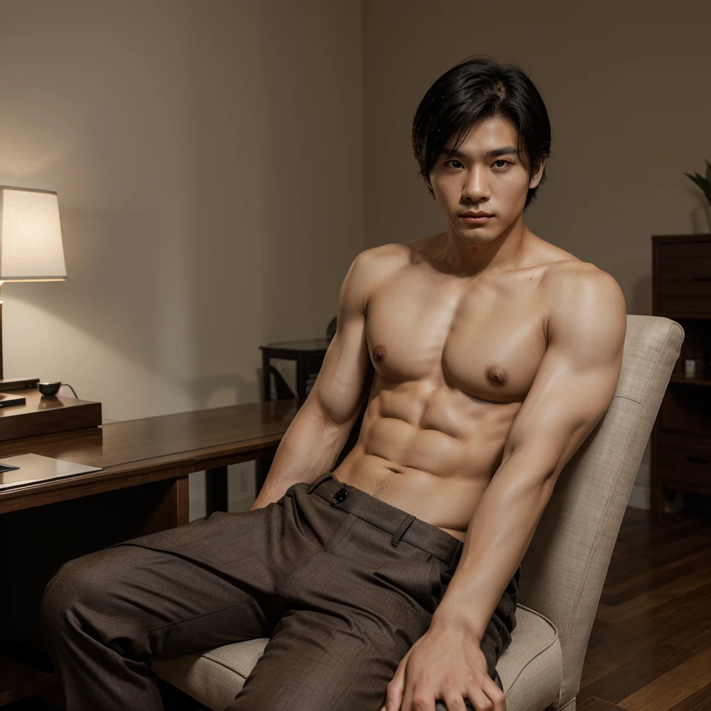 Korean boy with formal clothes, muscular black hair, no shirt, light brown eyes, sitting on a chair 