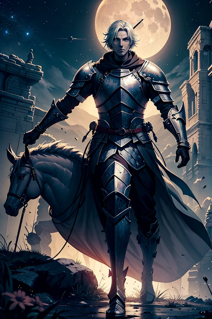 a sword, Ichthyosis, Posoh, warrior, knight, Horseman, a swordник, planets, moon, tree, warm lighting, high quality, Horrible atmosphere, scary