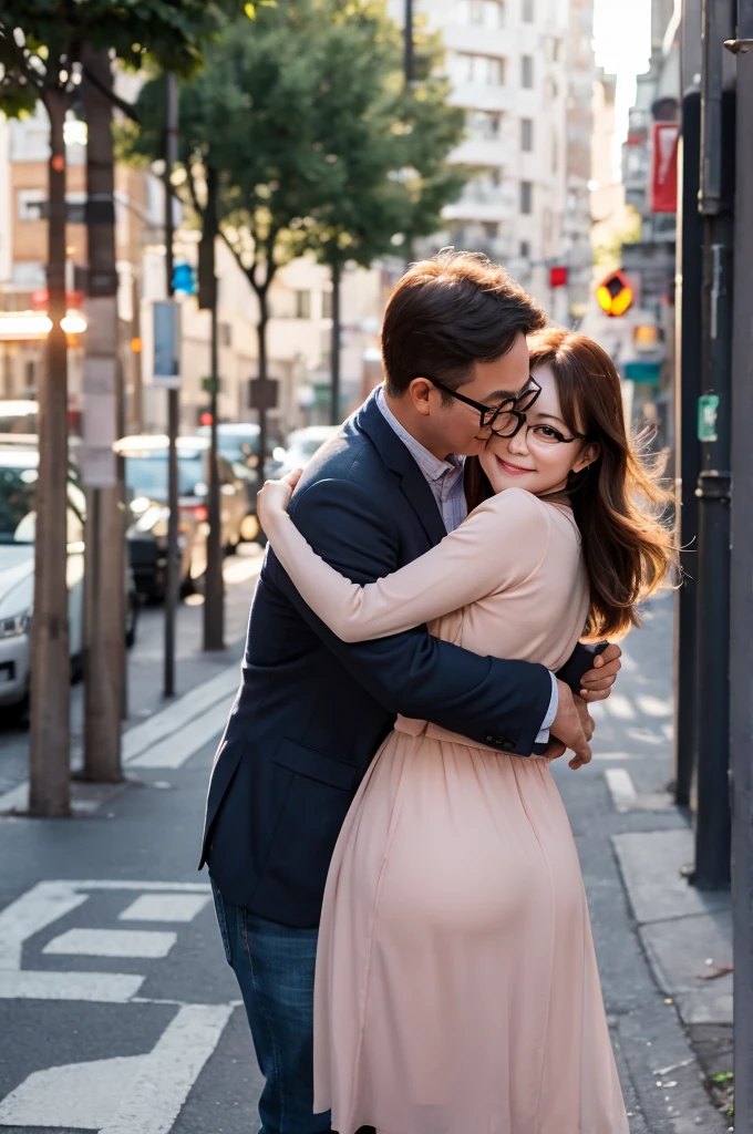 Man and woman hugging on the street、 4K, Couple, lovely Couple, wonderful, happy Couple, Backlit photo sample、A middle-aged man wearing glasses and a beautiful woman in her twenties