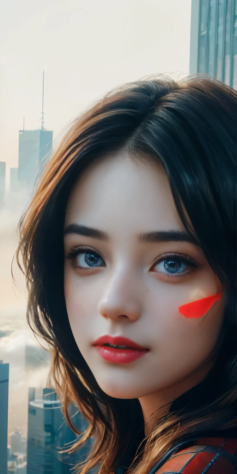 (1girl:1.3), Solo, (((Very detailed face)))), ((Very detailed eyes and face)))), Beautiful detail eyes, Body parts__, Official art, Unified 8k wallpaper, Super detailed, beautiful and beautiful, beautiful, masterpiece, best quality, original, masterpiece, super fine photo, best quality, super high resolution, realistic realism, sunlight, full body portrait, amazing beauty, dynamic pose, delicate face, vibrant eyes, (from the front), She wears Spider-Man suit, red and black color scheme, spider, very detailed city roof background, rooftop, overlooking the city, detailed face, detailed complex busy background, messy, gorgeous, milky white, highly detailed skin, realistic skin details, visible pores, clear focus, volumetric fog, 8k uhd, DSLR, high quality, film grain, fair skin, photo realism, lomography, futuristic dystopian megalopolis, translucent, full nudity, genitals