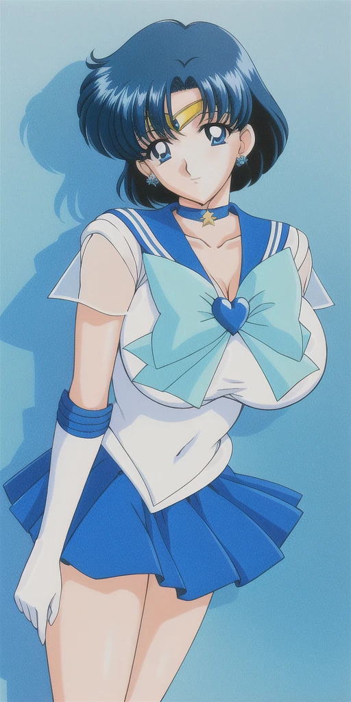 mizuno_ami, huge_breasts, standing, solo, SperSMRC_Blue_skirt_White_gloves_Blue_boots_Blue_star_choker_blue_bowtie_Blue_back_bow_Circlet_Heart_brooch_See-through_sleeves, masterpiece, best quality, detailed face, detailed eyes, highres,