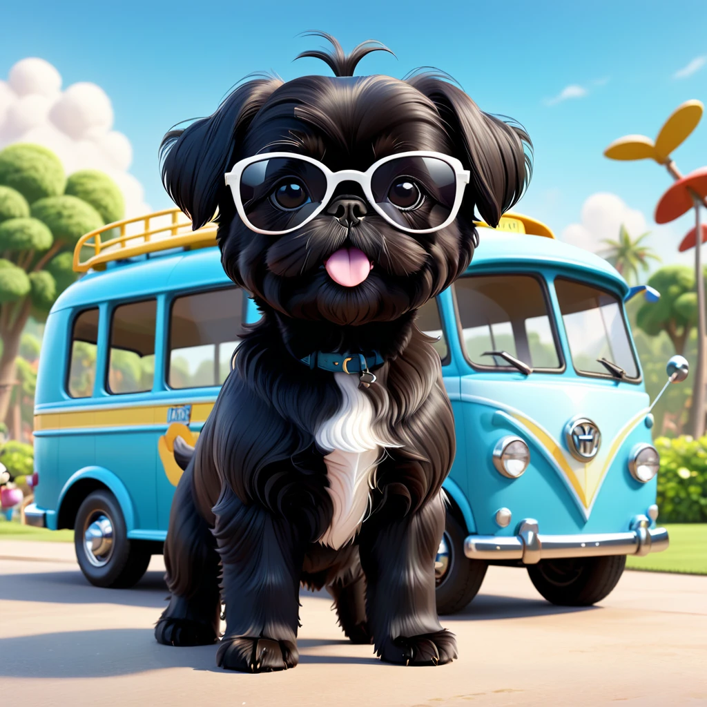 2 Adorable small black Shih Tzu puppies wearing sunglasses crash bus to dog park Disney background 3d cartoon 3d render disney pixar style