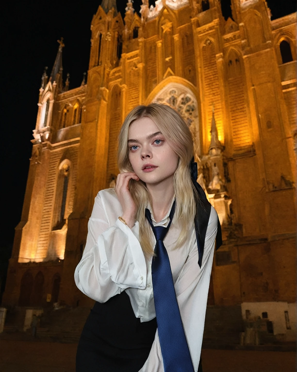 Blonde woman in white shirt and blue tie standing in front of a church., Style of Julia Razumova, Yelena Belova, Aleksandra Waliszewska, Cathedral in the background, Alina Ivánchenko, Anna Nikonova aka Newmilky, elle fanning into the night, behind her a gothic cathedral, Dasha Taran, Anastasia Ovchinnikova