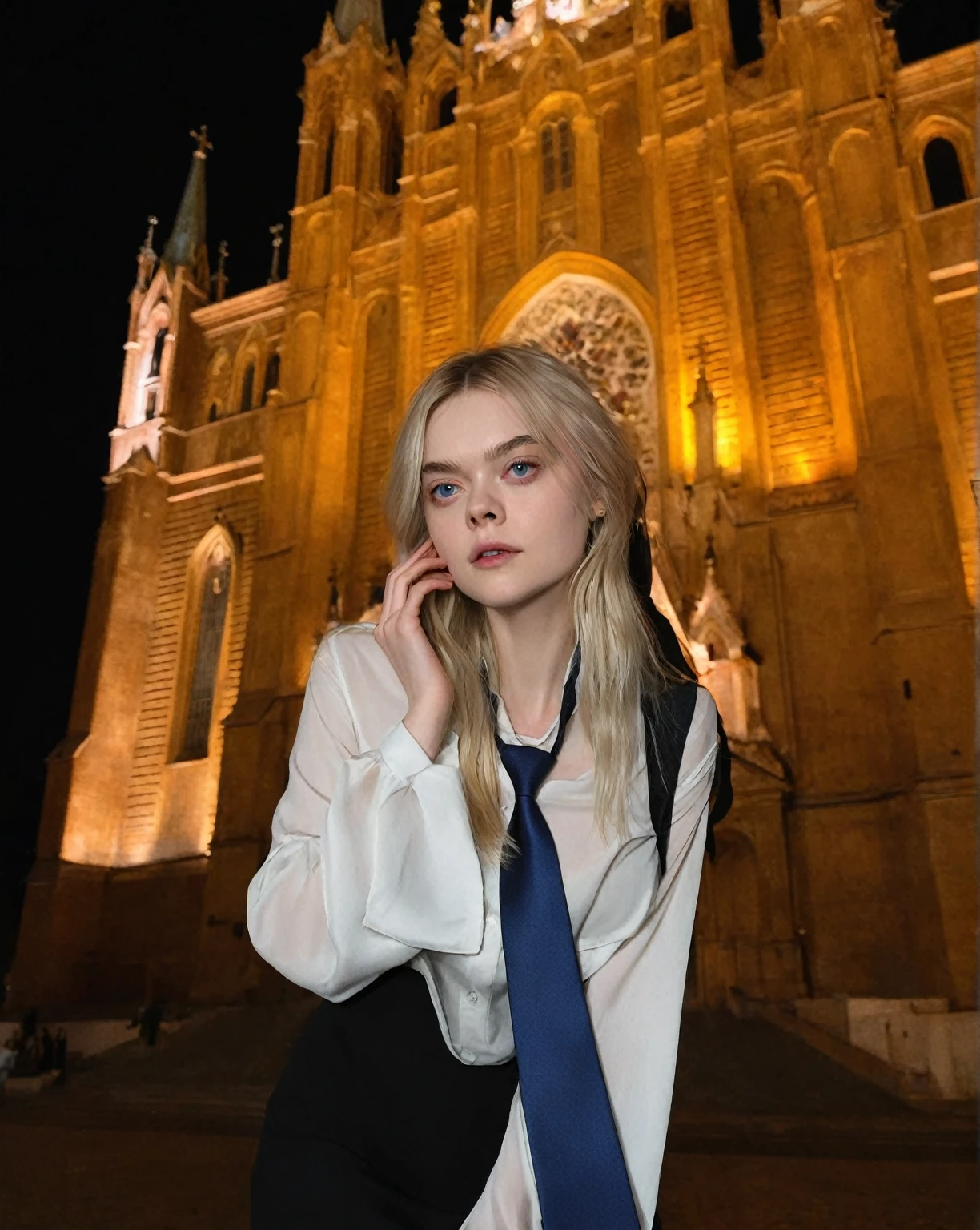 Blonde woman in white shirt and blue tie standing in front of a church., Style of Julia Razumova, Yelena Belova, Aleksandra Waliszewska, Cathedral in the background, Alina Ivánchenko, Anna Nikonova aka Newmilky, elle fanning into the night, behind her a gothic cathedral, Dasha Taran, Anastasia Ovchinnikova