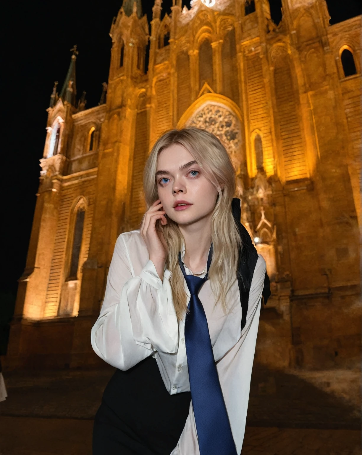 Blonde woman in white shirt and blue tie standing in front of a church., Style of Julia Razumova, Yelena Belova, Aleksandra Waliszewska, Cathedral in the background, Alina Ivánchenko, Anna Nikonova aka Newmilky, elle fanning into the night, behind her a gothic cathedral, Dasha Taran, Anastasia Ovchinnikova