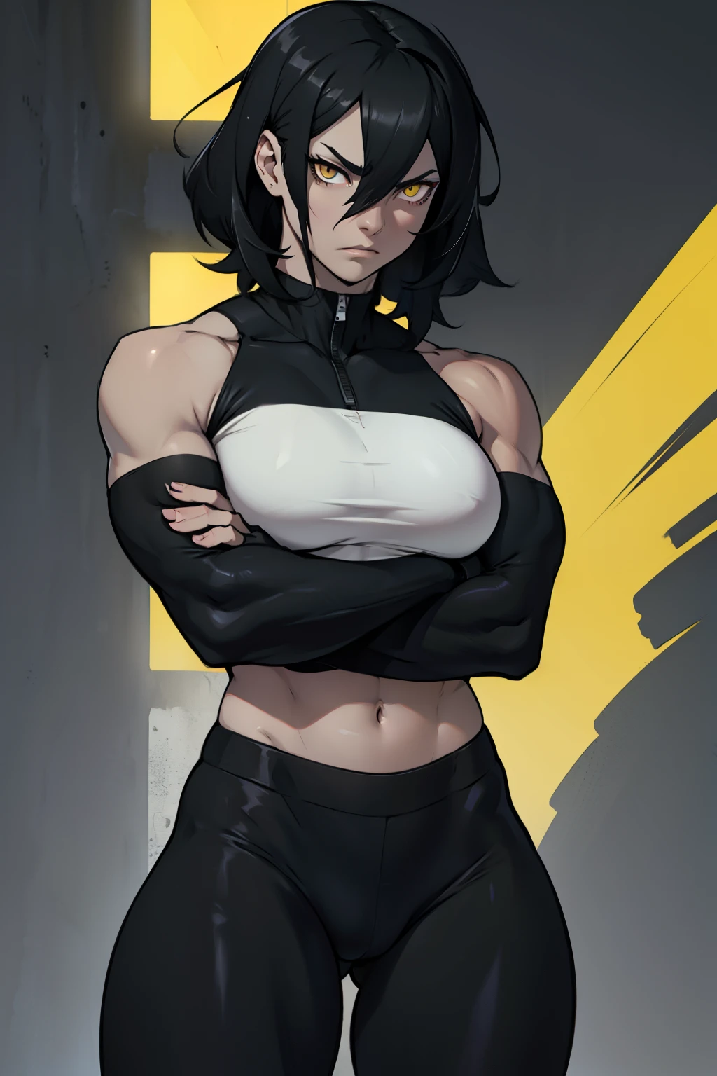 pale angry muscular girl thick breast black hair yellow eyes hair between eyes matte black spandex matte black spandex matte black spandex matte black spandex