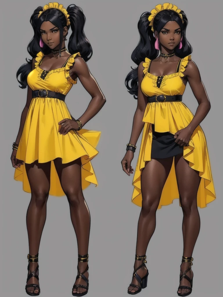((best quality)), ((4k)), ((highres)), ((masterpiece:1.2)). ((detailed)), ((ultra realistic)), ((intricate details)), ((full body picture)), ((character design sheet)), ((blank background)), ((standing in a blank background)), full body shot of a beautiful black female, ebony beauty, woman, 18 years old girl, dark brown skin, about 5'5 ft. tall, smirk on her face, ((smirking)), long curly black hair, ((long curly hair)), long hair, high pigtails, (((high pigtails)), dressed in a yellow sleeveless babydoll dress, ((EMPHASIS ON HER YELLOW SLEEVELESS BABYDOLL DRESS)), black leather belt on her waist, bare legs and bare feet, fighting game character design, tekken character design, the king of fighters character concept art, character concept art, full body, 18 years old female fighter, girly girl, cute girl, girly fighter character concept art