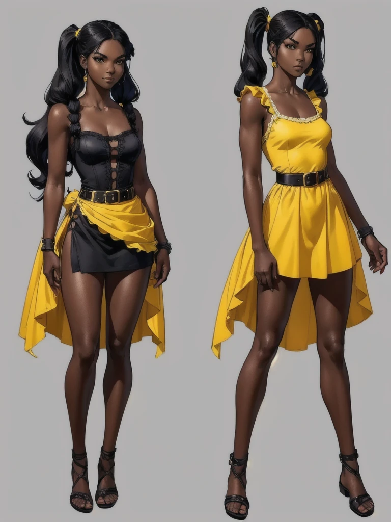 ((best quality)), ((4k)), ((highres)), ((masterpiece:1.2)). ((detailed)), ((ultra realistic)), ((intricate details)), ((full body picture)), ((character design sheet)), ((blank background)), ((standing in a blank background)), full body shot of a beautiful black female, ebony beauty, woman, 18 years old girl, dark brown skin, about 5'5 ft. tall, smirk on her face, ((smirking)), long curly black hair, ((long curly hair)), long hair, high pigtails, (((high pigtails)), dressed in a yellow sleeveless babydoll dress, ((EMPHASIS ON HER YELLOW SLEEVELESS BABYDOLL DRESS)), black leather belt on her waist, bare legs and bare feet, fighting game character design, tekken character design, the king of fighters character concept art, character concept art, full body, 18 years old female fighter, girly girl, cute girl, girly fighter character concept art