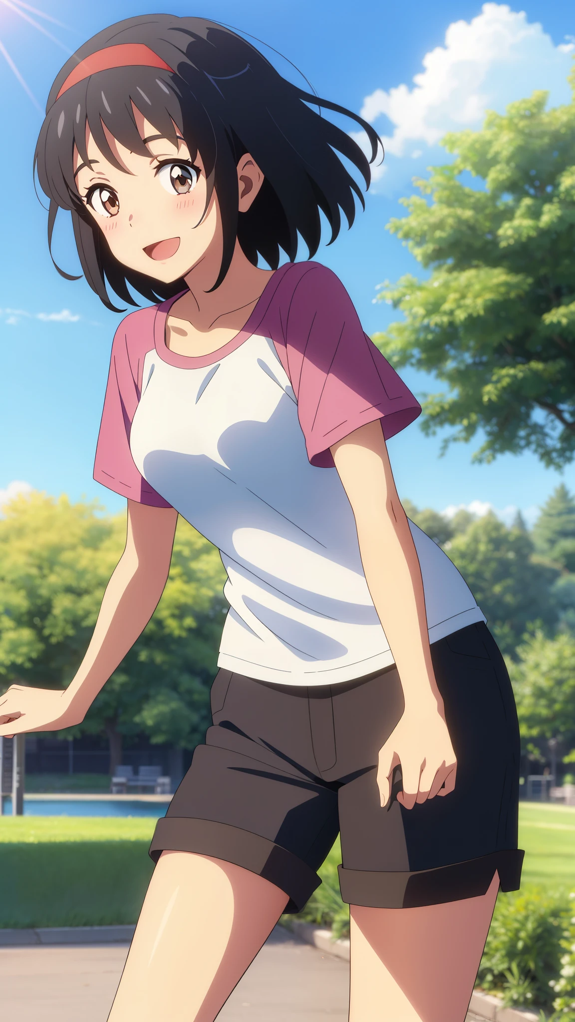 shinkai makoto, kimi no na wa., 1girl, bangs, black hair, blush, bright eyes, brown eyes, looking at the viewer, red headband, casual clothes, white t-shirt, black shorts, short hair, medium breasts, solo, day, outdoors, shinny skin, smile, happy, :D, blue_sky, sunlight, summer_season, scenery park, wind, tree