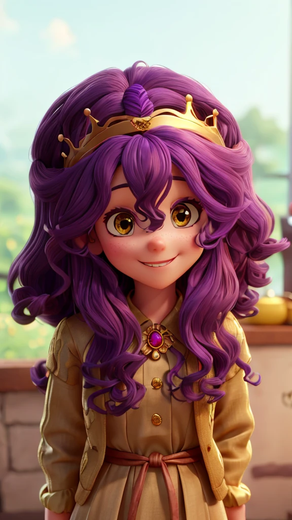  with long, dark curly hair wearing a golden crown smiling at the camera her eyes are the color of jabuticabas her clothes are mixed purple and pink 
