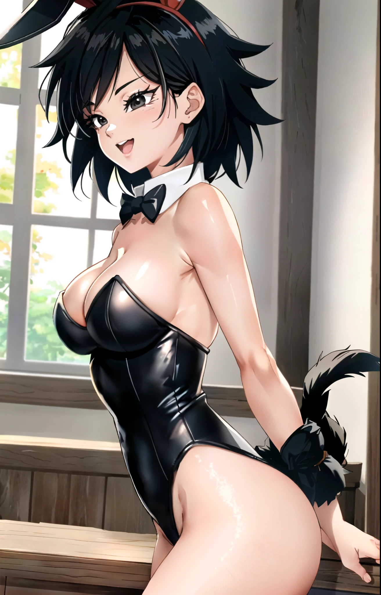 (absurdres), Gine, 1girl, solo, black hair, open mouth, black eyes, short hair, smile, happy, medium breasts, breasts, bare shoulders, looking at viewer, (gine), black eyes, Saiyan tail, cowboy shot, smile, hand to own chest, Bulma playboy bunny outfit, (playboy_bunny), rabbit ears, breasts, animal ears, cleavage, black leotard, black_unitard, 1girl, fake animal ears, bunny_ears, medium breasts, bowtie, eyelashes, tail, bow, upper body, black hair, solo focus, red bowtie, bare shoulders, leotard, strapless, wrist cuffs, red bow, Saiyan tail, looking to the side, detached collar, looking away, strapless leotard, simple background, black hair, indoors, living room