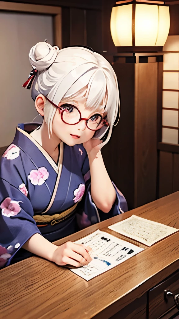 Cute old woman、60-year-old woman、One Woman、kimono、Kappo、White Hair、Japanese anime、comical、4 heads、Bun Hair、Round face、Round Glasses、Sit at a desk、front、fortune teller、Astrology、
