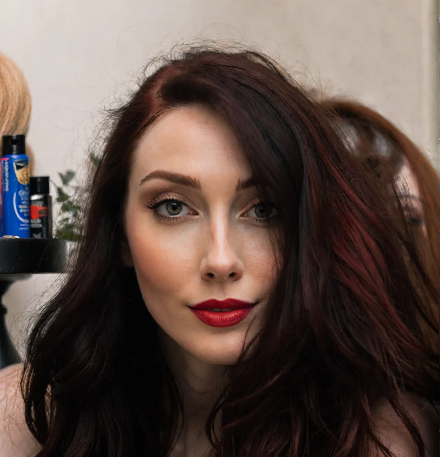 arafed woman with long dark hair and red hair, with pale skin, soft smile, profile image, looking to the side off camera, high quality portrait, pale skin and dark eyes, color portrait, looking to the side, portrait image, sultry look, anastasia ovchinnikova, inspired by Jessie Alexandra Dick, headshot profile picture, tiffany dover