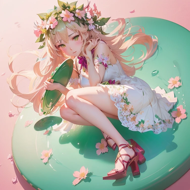 anime girl sitting on a green plate with flowers in her hair,  in dress, splash art anime , , guweiz on pixiv artstation, cute anime waifu in a nice dress, lolish, cushart krenz key art feminine, sakura petals around her, cute anime girl, guweiz on artstation pixiv