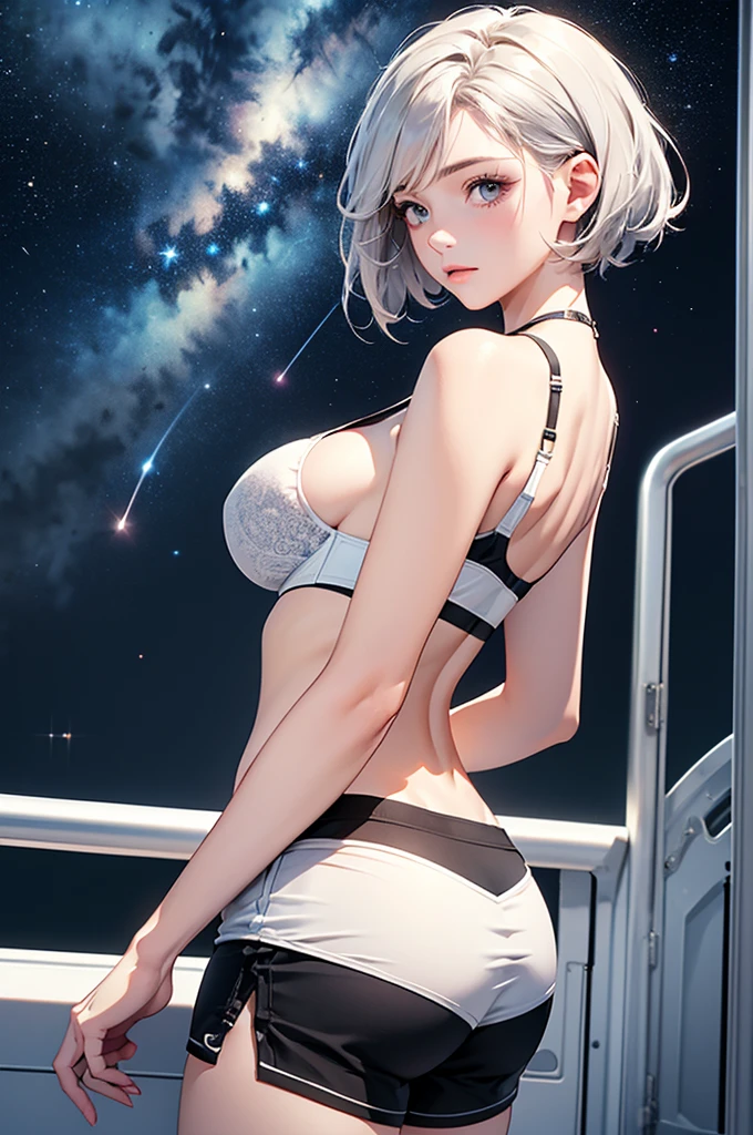 (masterpiece:1.5, Highest quality, Very detailed、 Dutch Angle、Realistic、2.5D、Realistic)(One Girl, Sports Girl)(Silver Hair:1.6,,short hair)(Sports Bra、Jacket:1.5、Shorts、tightedium breasts, Beautiful cleavage,underboob))(from backside),(Beautiful starry sky、Mystical Night、Particles of light float around the woman、Fantastic space、Ocean、On the boat)
