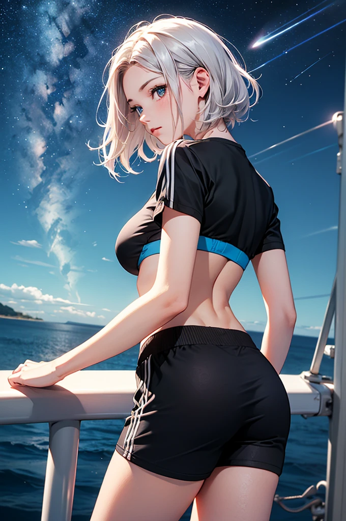 (masterpiece:1.5, Highest quality, Very detailed、 Dutch Angle、Realistic、2.5D、Realistic)(One Girl, Sports Girl)(Silver Hair:1.6,,short hair)(Sports Bra、Jacket:1.5、Shorts、tightedium breasts, Beautiful cleavage,underboob))(from backside),(Beautiful starry sky、Mystical Night、Particles of light float around the woman、Fantastic space、Ocean、On the boat)