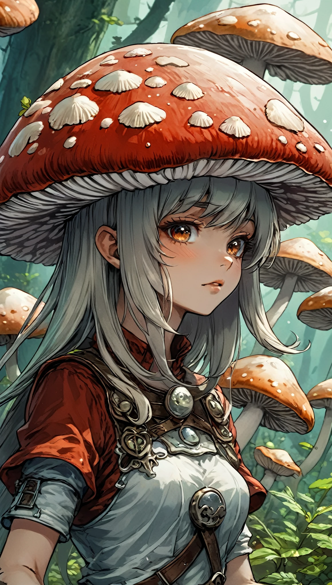 A closeup of a female mushroom from the male mushroom race, 2. 5 d cgi anime fantasy illustrations, anime fantasy illustration, anime fantasy illustrations, detailed digital anime art, yoshitakka amano Karol Bak, Digital fantasy art 2D, fantasy art style, detailed Digital fantasy art 2D, fantasy style art...., Digital fantasy art )