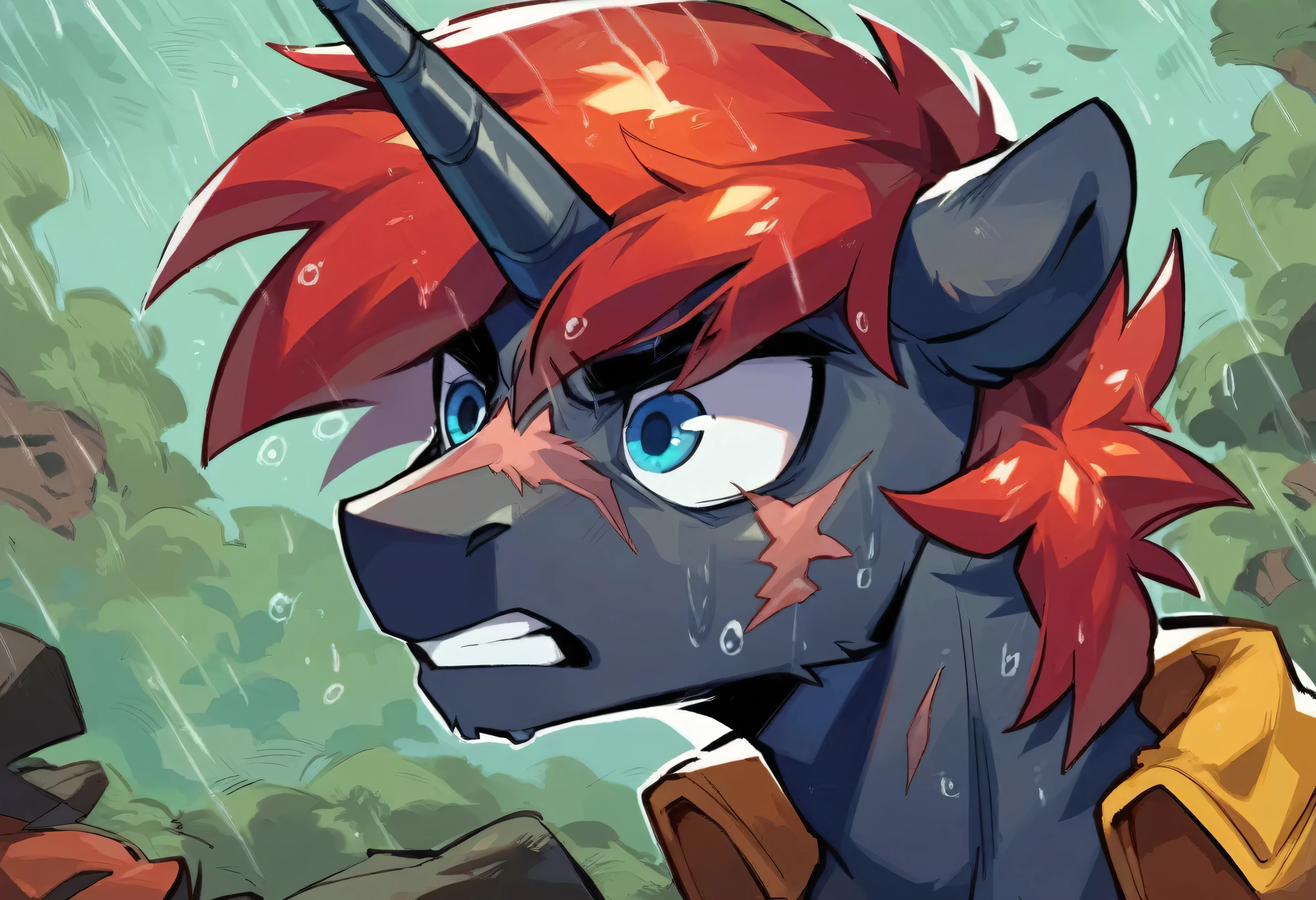 Male alicorn pony, black fur, long red hair, deep blue eyes, red feathers on wings, scar over left eye, red striping, vietnam-era helicopter pilot uniform, boonie hat, in a swamp, explosion in background, raining, wet hair, terrified facial expression, close-up portrait