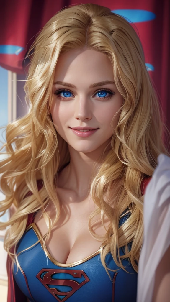 The character Supergirl, perfect costume, shiny blue eyes, extremely beautiful blond hair, beautiful smile , perfect anatomy and extremely beautiful face
