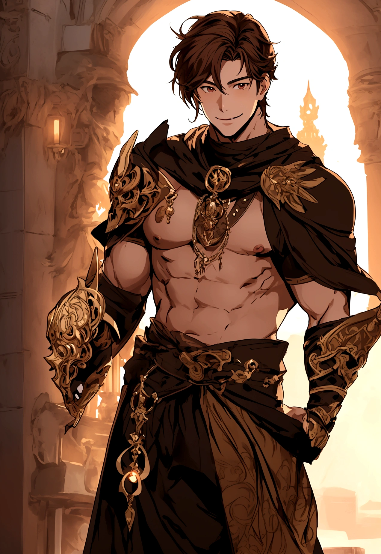 fantasy anime style, man with brown hair and brown eyes with his face covered with a smiling mask, good physique, without clothes,, penis, uncut
