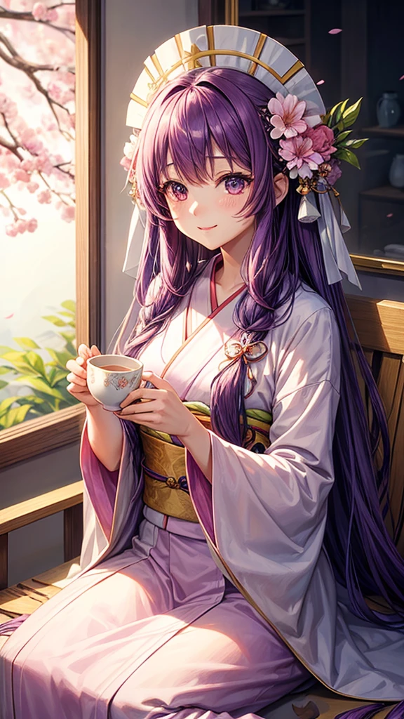A young woman with long purple hair, wearing a white and pink kimono with a large flower on her head, holds a cup of tea in her hands. She has a gentle smile on her face and is surrounded by a delicate aura. The background is a soft pink and purple with a hint of gold.

[Anime style, soft and delicate, inspired by the works of Mihoyo and Pixiv artists], [soft lighting, pastel colors, smooth textures, slight blur effect on the background, shallow depth of field]