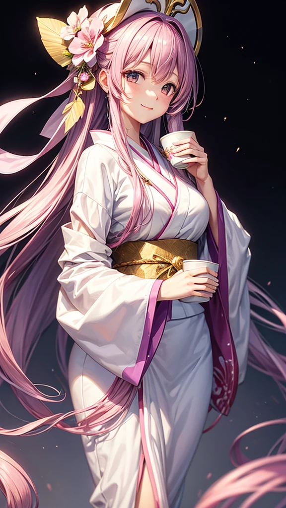 A young woman with long purple hair, wearing a white and pink kimono with a large flower on her head, holds a cup of tea in her hands. She has a gentle smile on her face and is surrounded by a delicate aura. The background is a soft pink and purple with a hint of gold.

[Anime style, soft and delicate, inspired by the works of Mihoyo and Pixiv artists], [soft lighting, pastel colors, smooth textures, slight blur effect on the background, shallow depth of field]