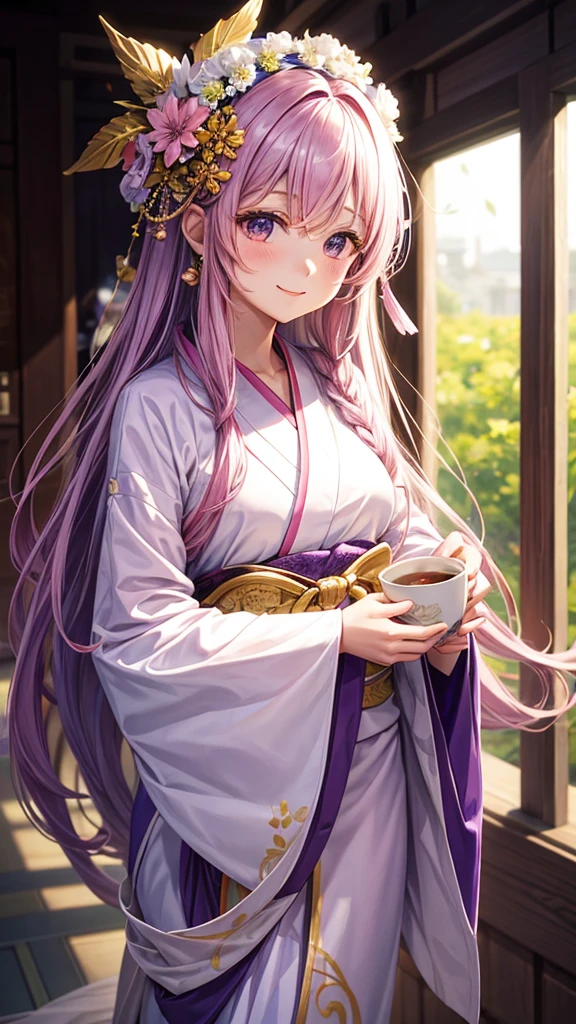 A young woman with long purple hair, wearing a white and pink kimono with a large flower on her head, holds a cup of tea in her hands. She has a gentle smile on her face and is surrounded by a delicate aura. The background is a soft pink and purple with a hint of gold.

[Anime style, soft and delicate, inspired by the works of Mihoyo and Pixiv artists], [soft lighting, pastel colors, smooth textures, slight blur effect on the background, shallow depth of field]
