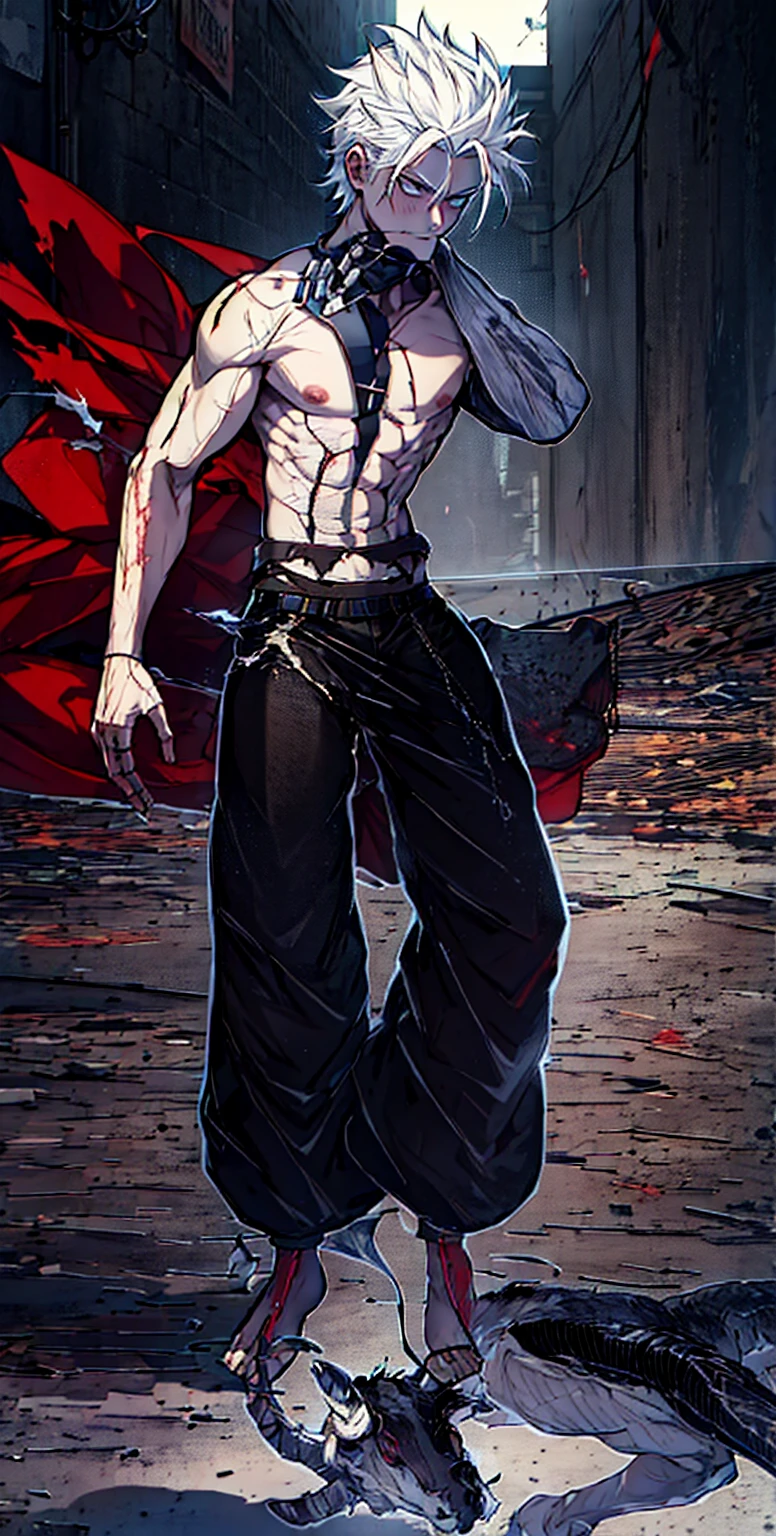 boy, Christian, white hair, wounded and scratched body, completely torn clothes, the boy would be stepping on a demon in the shape of a goat