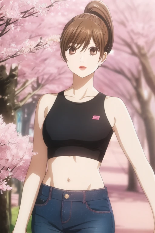 masterpiece, best quality, ultra-detailed, 1girl, solo, looking front at viewer, chihaya_ayase, brown hair, brown eyes, ponytail , upper body, in park cherry blossom trees, crop top , glossy red lipstick, good looking belly