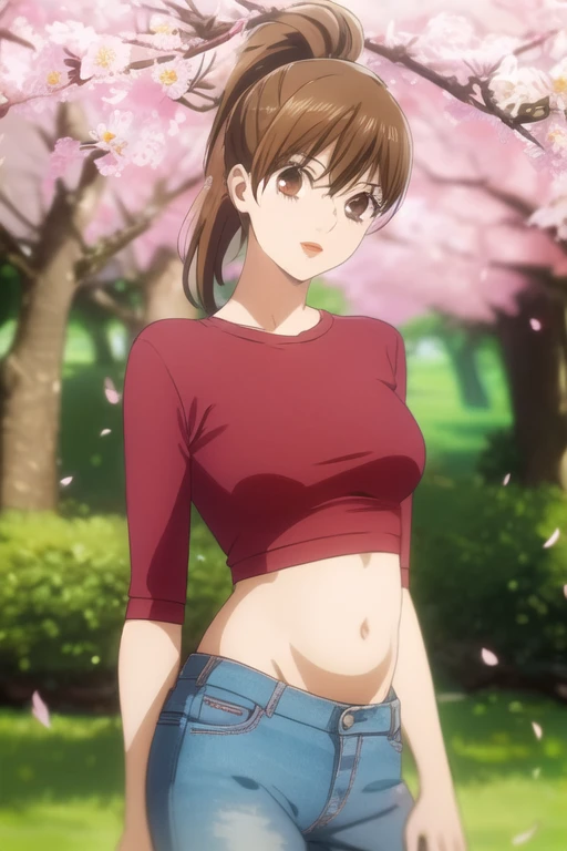 masterpiece, best quality, ultra-detailed, 1girl, solo, looking front at viewer, chihaya_ayase, brown hair, brown eyes, ponytail , upper body, in park cherry blossom trees, crop top , glossy red lipstick, good looking belly