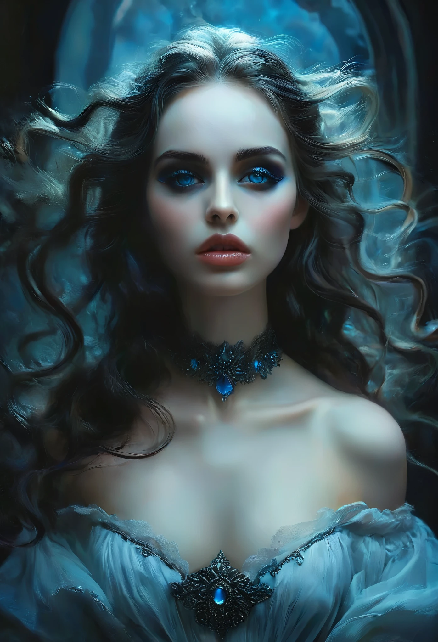 seductive, (masterpiece), ultra-realistic, portrait of a beautiful pale skinned vampire, black enamel, light makeup, bright blue eyes, dark and gloomy environment, detailed facial features, dramatic lighting, moody atmosphere, cinematic composition, photorealistic, high contrast, chiaroscuro, dark fantasy, gothic style, (She is half French, and is a stunning beauty with detailed eyes and a high nose:1.1), thick eyebrows, detailed facial features, long graceful neck, flowing locks of hair, poised and elegant posture, dreamy atmosphere, Surrealism, mystical aura, Charlie Bowater, Long canines visible from lips, seductive, evil smile