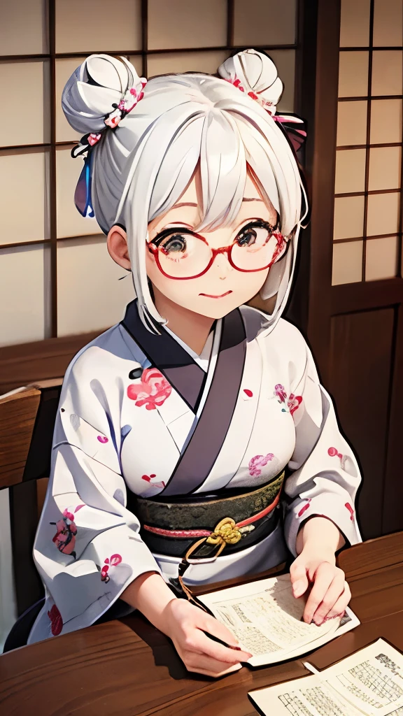 Cute old woman、60-year-old woman、One Woman、kimono、Kappo、White Hair、Japanese anime、comical、4 heads、Bun Hair、Round face、Round Glasses、Sit at a desk、front、fortune teller、Astrology、tea。Japanese sweets