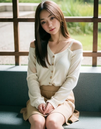 Highest quality, Face Focus, Soft Light, Ultra-high resolution, (Realistic:1.4), RAW Photos,
1 Japanese girl, alone, cute, (pupil, Light in your eyes), Beautiful face in every detail, (Small box),(High resolution detail of human skin texture),
( With straight hair、Length on the shoulder。The hair is neatly arranged、Has a natural shine。),
indoor,
White blouse and beige cardigan、Knee-length skirt。Wearing loafers with a simple design。,
(Portraiture)