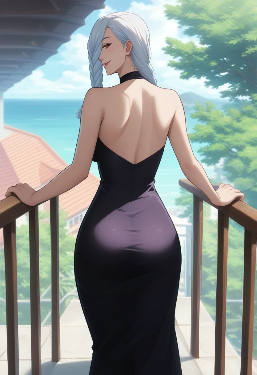 score_9, score_8_up, score_7_up, score_6_up, h1m3n0, 1girl, , mature female,  Mei Mei , white braided hair, hair over one eye, black tight dress, seductive smile, balcony, seductive pose, bend over railing, looking back and showing her ass, pulled up dress and showing her nude pussy, from behind