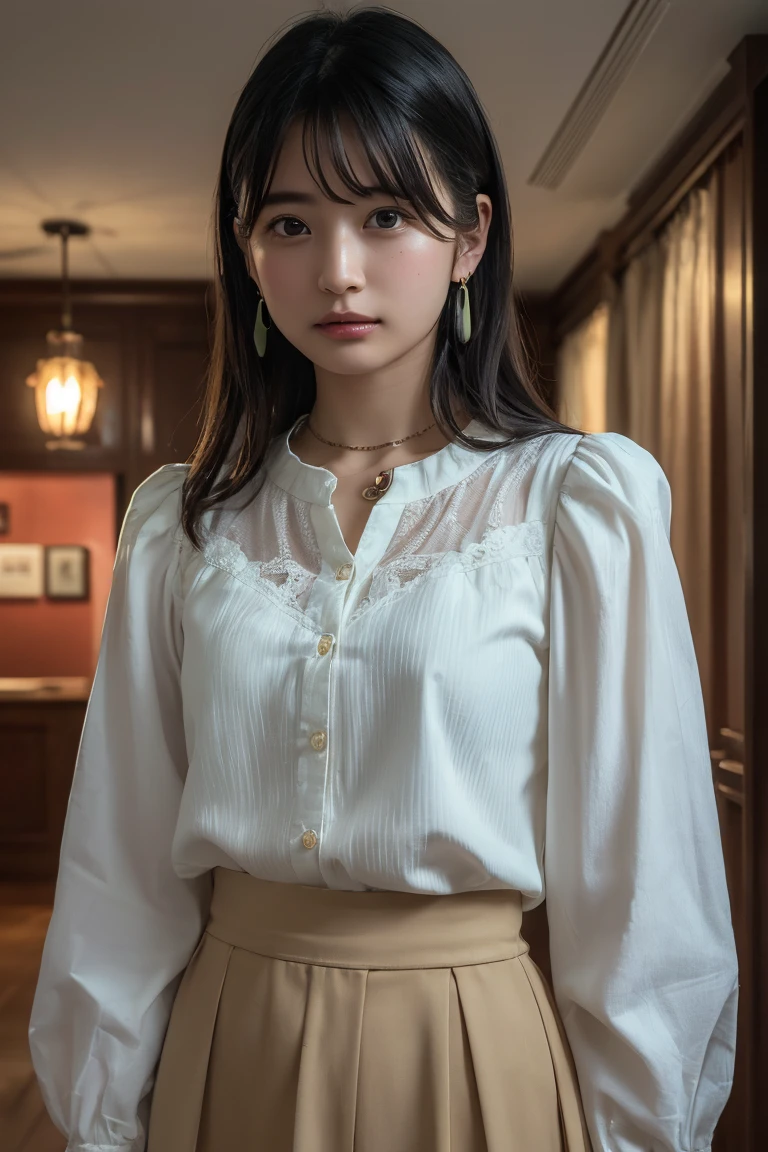 (Highest quality:1.4),(masterpiece:1.4),(Realistic:1.4),(Realistic:1.2),(超High resolution, RAW Photos:1.4),(High resolution, Ultra-detailed:1.2),(8K:1.2),View your viewers,Cinematic photography,One girl,skeletally correct,Black-haired woman,(Small earrings,necklace,Light green blouse,Beige frilled skirt,View from the front),(Western-style building interior,Dimly lit room,The lamplight shines on my cheeks)