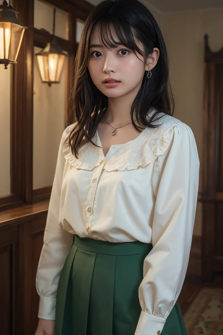 (Highest quality:1.4),(masterpiece:1.4),(Realistic:1.4),(Realistic:1.2),(超High resolution, RAW Photos:1.4),(High resolution, Ultra-detailed:1.2),(8K:1.2),View your viewers,Cinematic photography,One girl,skeletally correct,Black-haired woman,(Small earrings,necklace,Light green blouse,Beige frilled skirt,View from the front),(Western-style building interior,Dimly lit room,The lamplight shines on my cheeks)