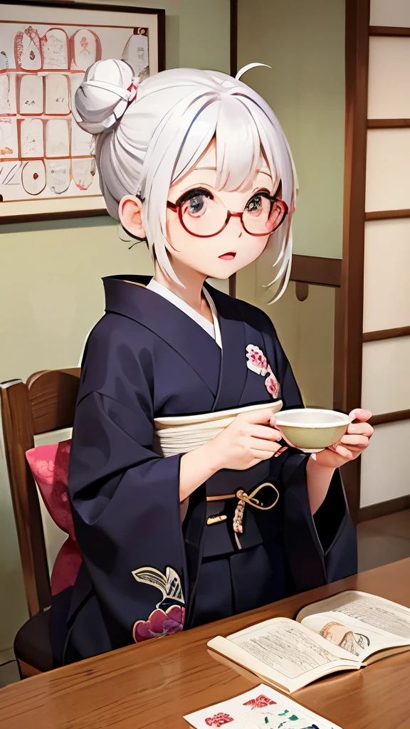 Cute old woman、60-year-old woman、One Woman、kimono、Kappo、White Hair、Japanese anime、comical、4 heads、Bun Hair、Round face、Round Glasses、Sit at a desk、front、fortune teller、Astrology、tea。Japanese sweets