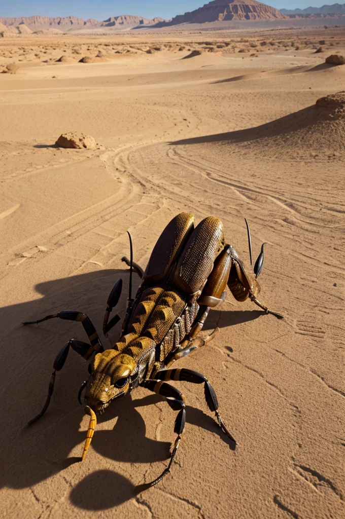 Prompt: "A detailed illustration of a scorpion with text overlay saying, 'जी हाँ, बिच्छू अपनी सांस रोकने की अद्भुत क्षमता रखते हैं।' The background is a natural desert setting."