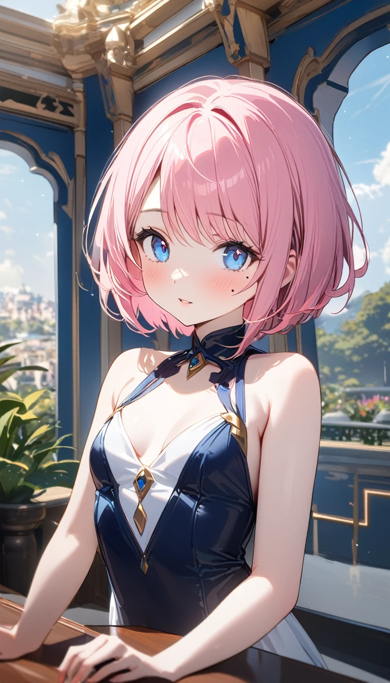 (1 girl),(Best Picture Quality, 8K, Masterpiece:1.3), (18year:1.5), ((pink lob hair:1.1)), (bob cut),(swept bangs), (cute eyes, pupil black, iris skyblue, youthful face), (mole under right eye), (standard weight), (small breasts), (glistening skin:1.1),(pale skin:1.2), ((Ishtar)).