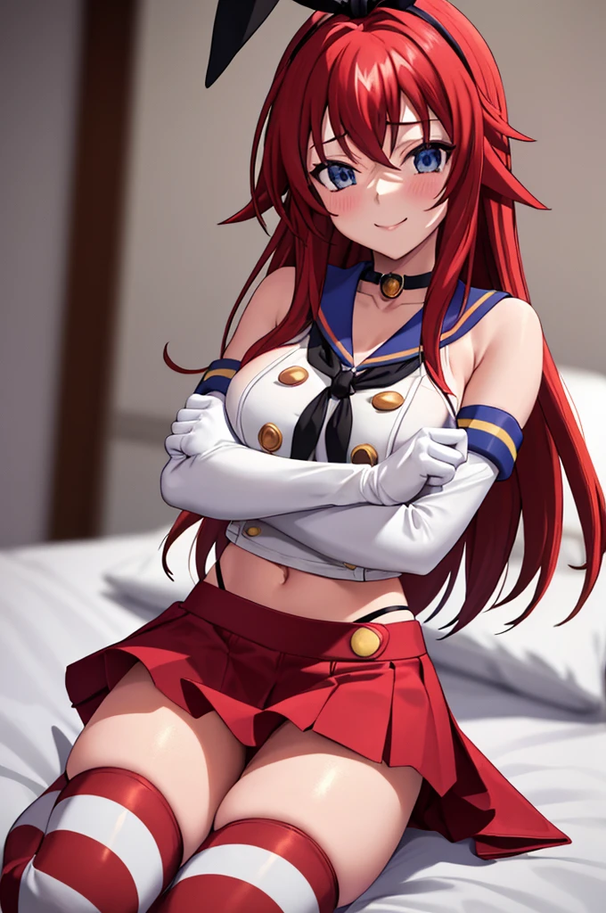 Rias Gremory was brainwashed (masterpiece, best quality;1.3), extremely detailed CG, ultra detailed, 1girl, solo, smile, looking at viewer, stylish ungle, blonde long hair,blue eyes,
sv1,orange choker, white gloves, jewelry, rise arms, lying on bed,
shimacos, microskirt,crop top,thighhighs, elbow gloves