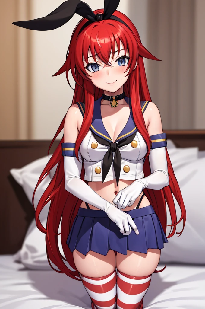 Rias Gremory was brainwashed (masterpiece, best quality;1.3), extremely detailed CG, ultra detailed, 1girl, solo,  smile,  looking at viewer, stylish ungle, blonde long hair,blue eyes,
sv1,orange choker, white gloves, jewelry, rise arms, lying on bed,
 shimacos, microskirt,crop top,thighhighs, elbow gloves