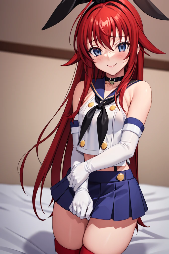 Rias Gremory was brainwashed (masterpiece, best quality;1.3), extremely detailed CG, ultra detailed, 1girl, solo,  smile,  looking at viewer, stylish ungle, blonde long hair,blue eyes,
sv1,orange choker, white gloves, jewelry, rise arms, lying on bed,
 shimacos, microskirt,crop top,thighhighs, elbow gloves