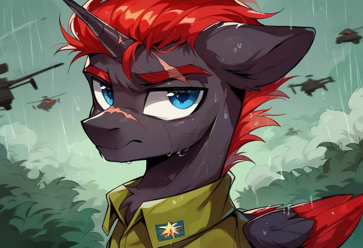 Male alicorn pony, black fur, long red hair, deep blue eyes, red feathers on wings, scar over left eye, red striping, vietnam-era helicopter pilot uniform, boonie hat, in a swamp, explosion in background, raining, wet hair, thousand-yard stare, close-up portrait 