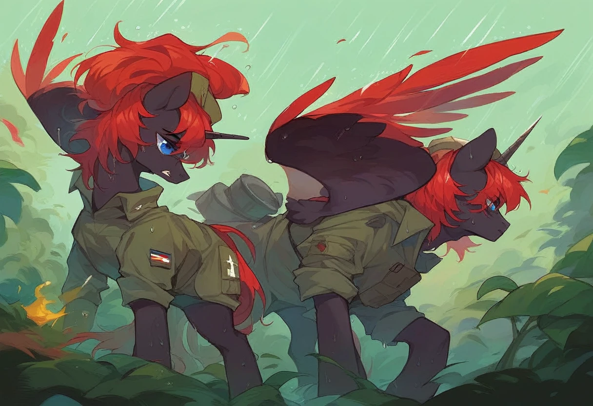 Male alicorn pony, black fur, long red hair, deep blue eyes, red feathers on wings, scar over left eye, red striping, vietnam-era helicopter pilot uniform, boonie hat, in a swamp, explosion in background, raining, wet hair, thousand-yard stare, close-up portrait 