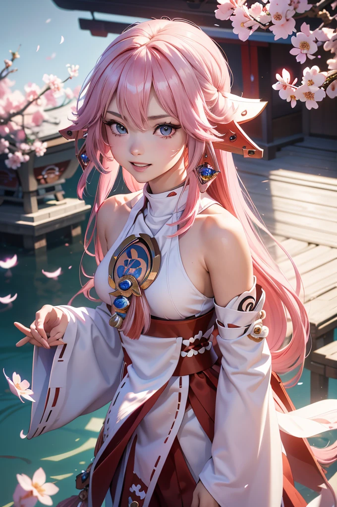 Hair ties, folder, Long eyelashes, Round eyes, A light smile, Ear brush, teeth, Surrealism, Cast a Shadow, Anaglyph, Stereogram, tachi-e, throw, Atmospheric perspective, 8K, Super detailed, Accurate, Highest quality，girl，((Yae Miko in Genshin，Genshin Impact)), Cherry blossom petals surround her, Best Anime，桜の木の前で剣を持っている長い髪のアニメのgirl, anime art wallpaper 4k,A little bit of side boob is visible、White Shrine Maiden Costume
