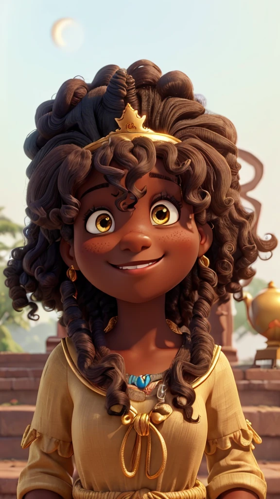 with big black curly hair wearing a golden crown smiling at the camera her eyes are the color of jabuticabas