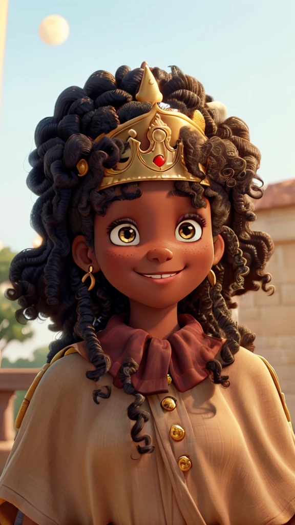 with big black curly hair wearing a golden crown smiling at the camera her eyes are the color of jabuticabas