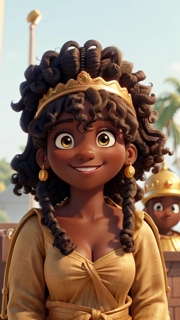 with big black curly hair wearing a golden crown smiling at the camera her eyes are the color of jabuticabas
